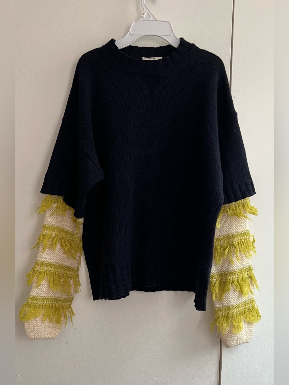 Ottod’Ame Navy Crewneck Sweater with Cream & Lime Fringe Sleeves